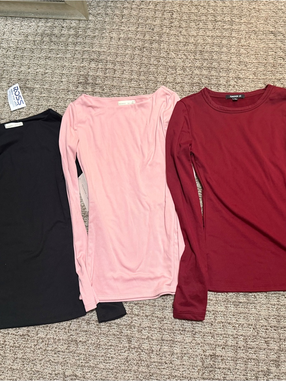 Pack of 3 Long Sleeve Tops - Black, Light Pink, Burgundy